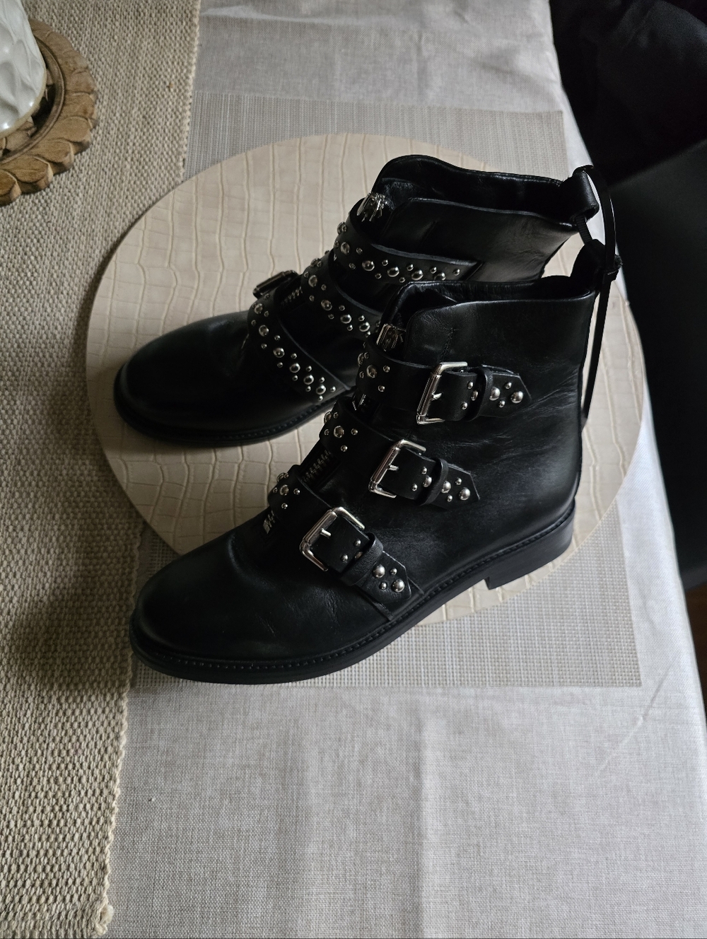 Maje Black Studded Buckle Combat Ankle Boots - Women